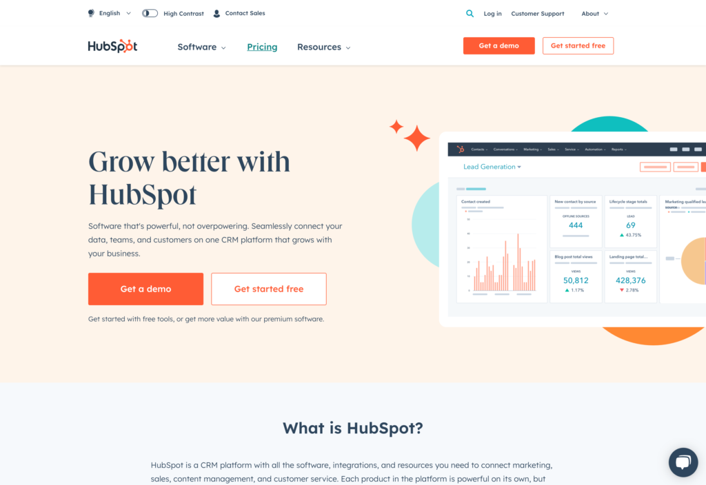 Screenshot della pagina web di Hubspot