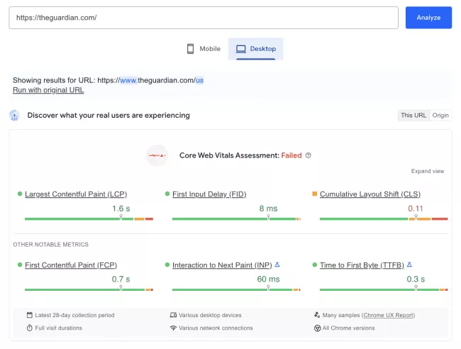 تقرير The Guardian Core Web Vitals