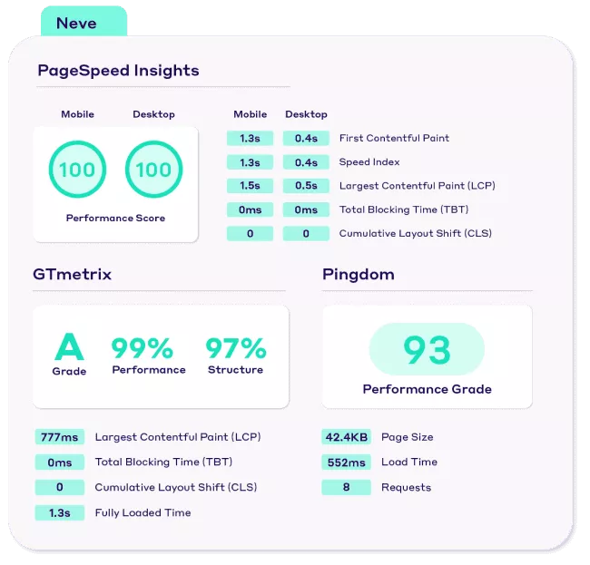 Resultados do teste de desempenho do tema Neve WordPress