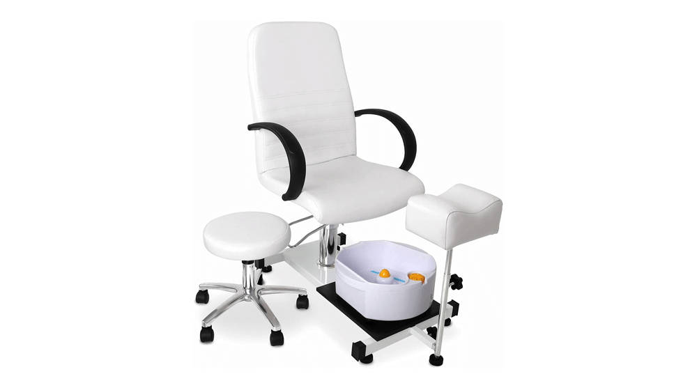 Sillón de pedicura Paddie blanco con taburete con ruedas