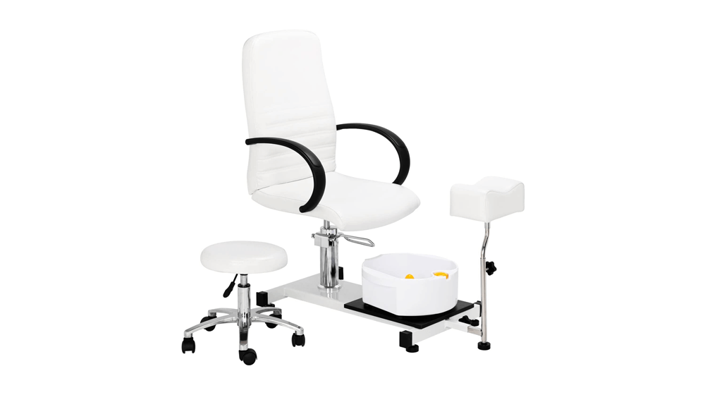 Sillón de pedicura OmySalon blanco con taburete y baño de pies con masaje de burbujas