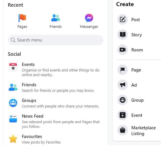 Facebook menu