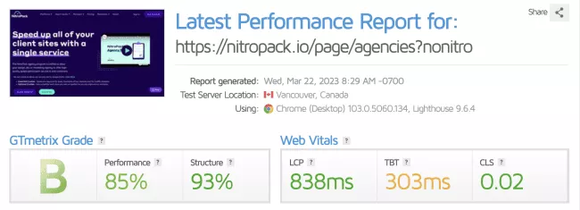 Resultados GTmetrix sem NitroPack