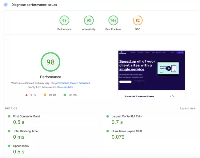 Pontuação de desempenho PSI com NitroPack ativado