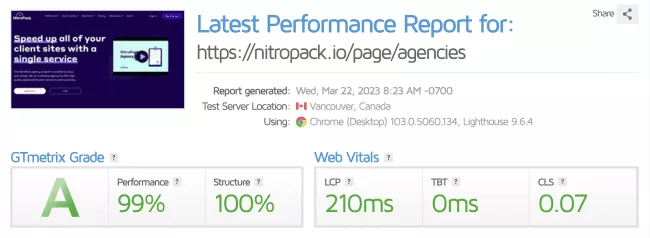 Relatório de desempenho GTmetrix com NitroPack ativado