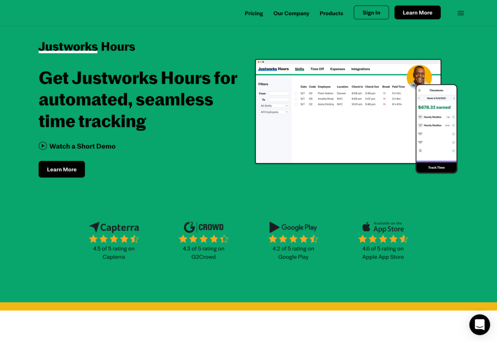 Captură de ecran a paginii web JustWorks Hours