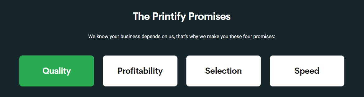 Printify 向其客戶承諾質量、盈利能力、選擇和速度。