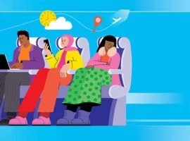 航空会社の顧客体験を表す、飛行機に座っている 3 人の乗客のイラスト