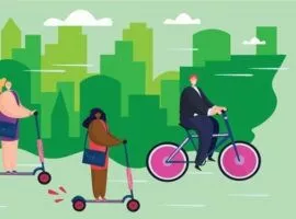 Una mujer negra y una mujer blanca andan en scooters, mientras que un hombre pelirrojo anda en bicicleta frente a un telón de fondo verde de la ciudad. Están promoviendo la sostenibilidad y las preferencias de los consumidores. Green CX puede ayudar a proporcionar experiencias sostenibles.