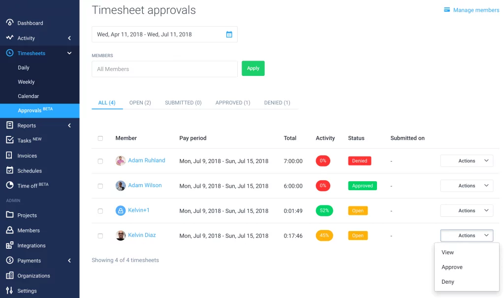 hubstaff online timesheets approvals feature