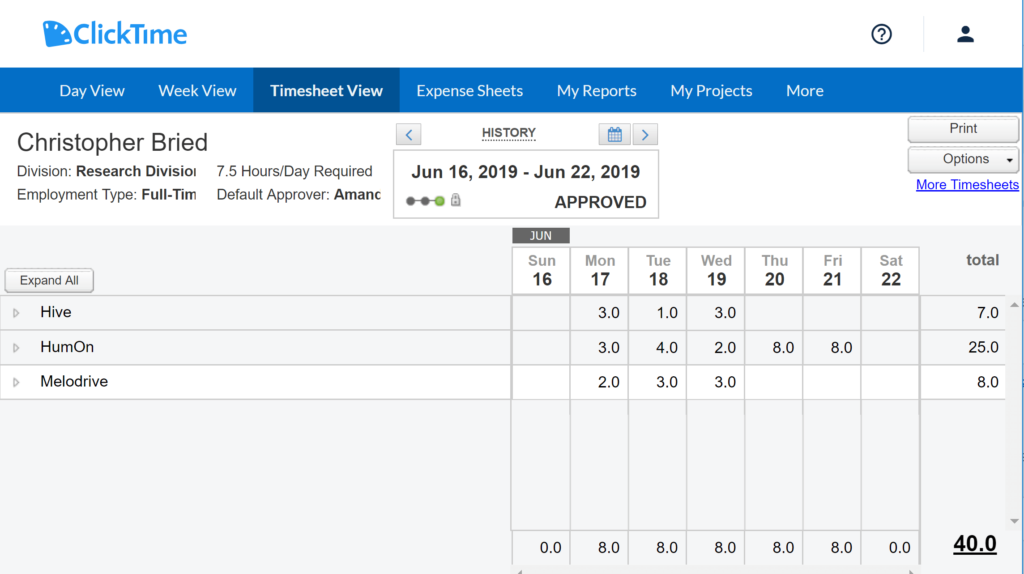 clicktime view and submit online timesheet page