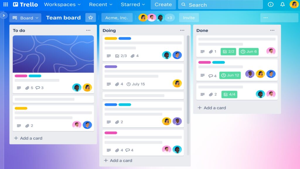 Trello 工作區，顯示三個標有“待辦事項”、“正在執行”和“已完成”的面板。