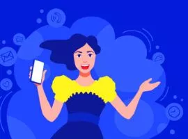 若い女性がスマートフォンを持って立っており、通信とデータのアイコンが頭の周りを渦巻いています。彼女は、ブランドと関わり、データを共有する真の顧客です。