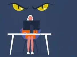 コンピューターで作業している女性のイラスト。目は後ろにあり、フィッシングの危険性を表しています。