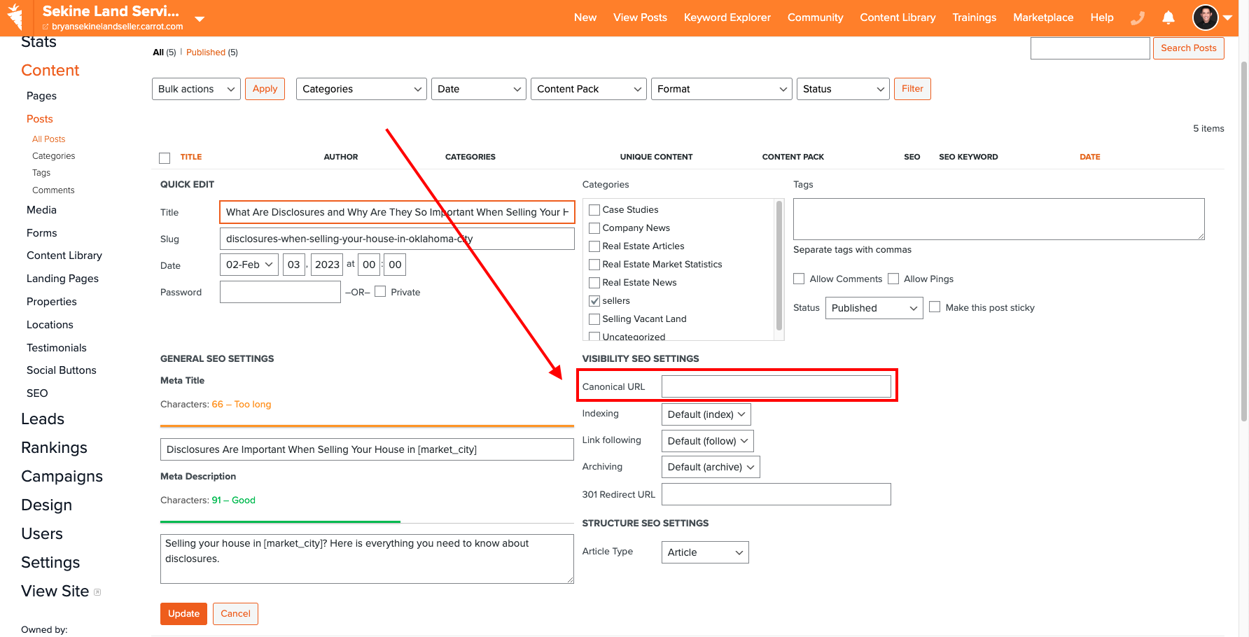 Die Immobilieninvestoren-Website von Carrot, die zeigt, wie man einem Beitrag ein kanonisches Tag hinzufügt, das eine Keyword-Kannibalisierung mit einem anderen Beitrag verursacht.