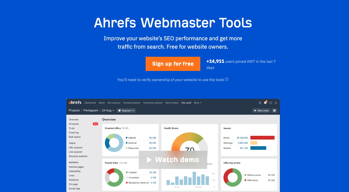 Ahrefs Webmaster-Tools-Dashboard