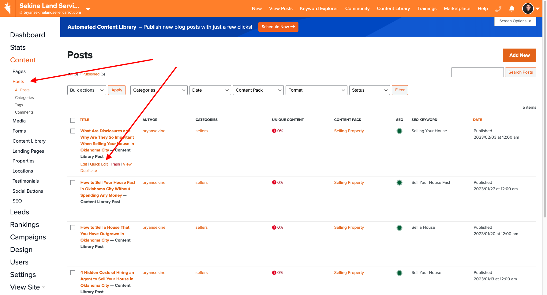 Das Dashboard der Karotten-Website, das zeigt, wie ein Blog-Beitrag bearbeitet wird, um Keyword-Kannibalisierungsprobleme zu beheben.