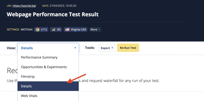 WebPageTest パフォーマンス テストの詳細ビュー