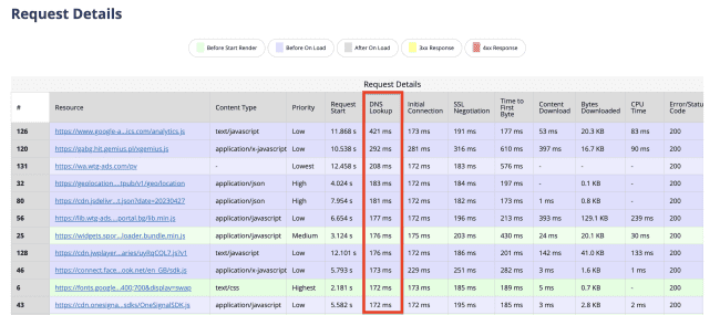 WebPageTest リクエストの詳細 DNS ルックアップ列