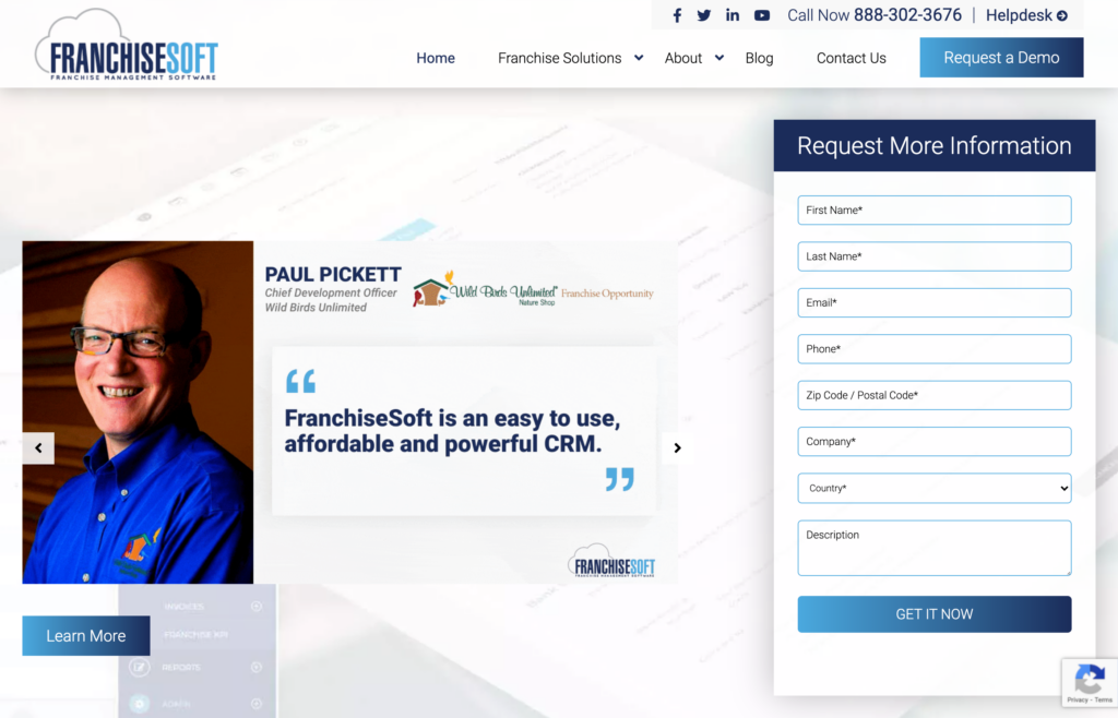 Captura de pantalla de la página web de FranchiseSoft