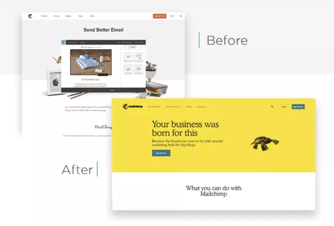 Web デザインの最適化前後の Mailchimp ホームページ