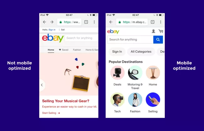 eBay のモバイル対応 Web サイトのレイアウト