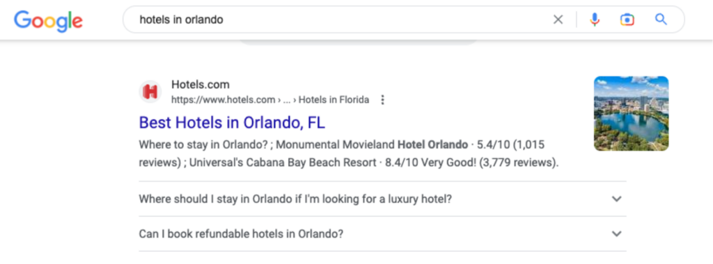 Exemple d'extrait de FAQ pour la recherche "hôtels à Orlando"