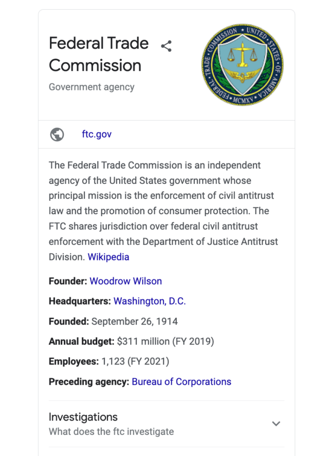 Exemple de panel de connaissances pour la Federal Trade Commission