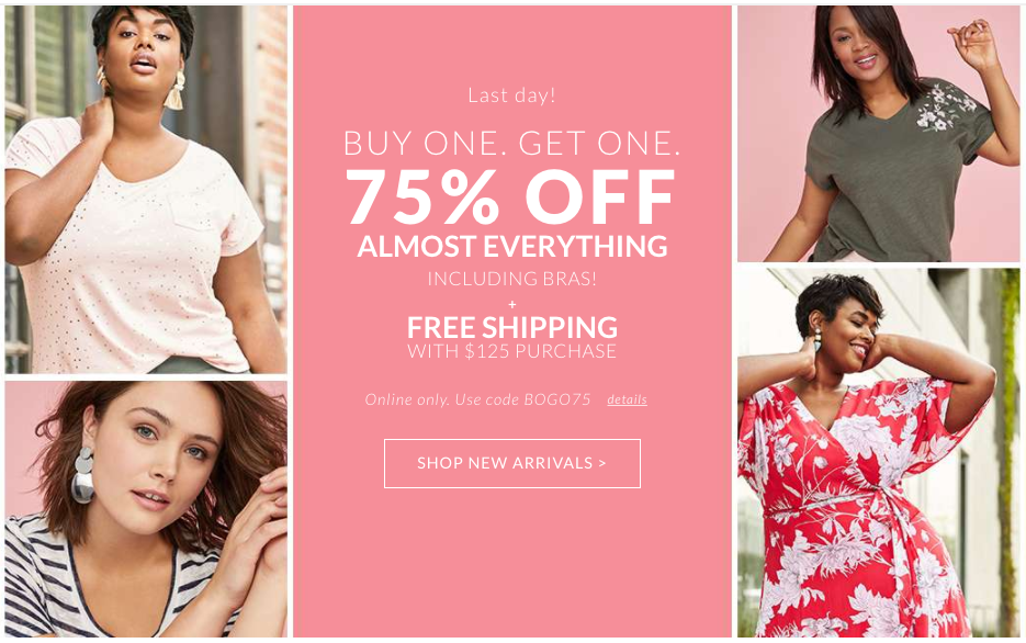 Lane Bryant example of a coupon code visual and message