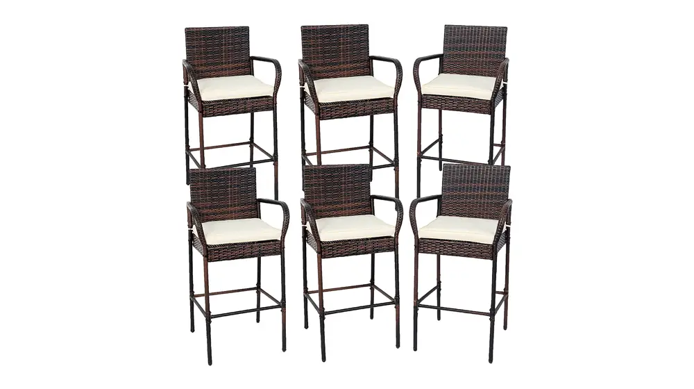 Sundale Dış Mekan Bar Tabureleri 6'lı Set, 6 Parça Rattan Bar Taburesi Hasır Sandalyeler