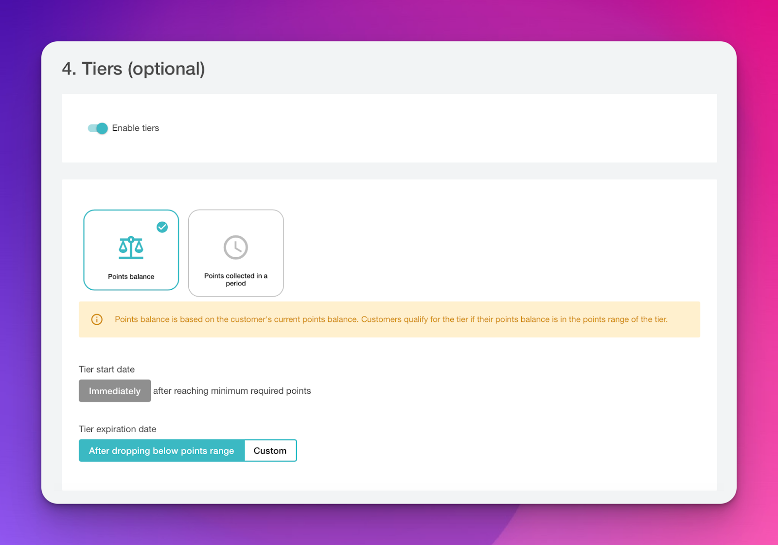 Voucherify panosunun ekran görüntüsü - bağlılık programı katmanları