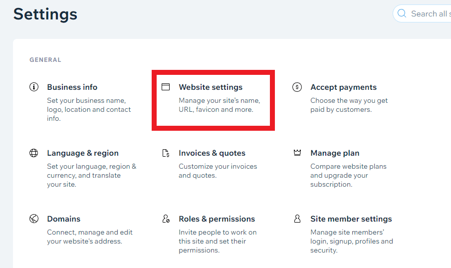 Website Settings in Wix