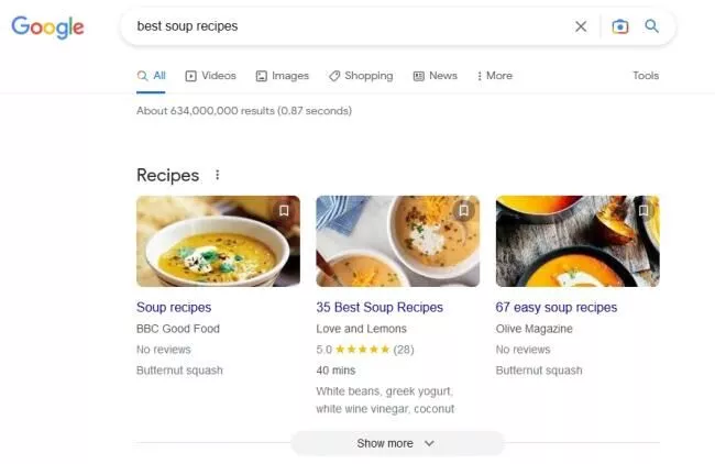 在 Google 上搜索最佳湯食譜的豐富網頁摘要結果示例