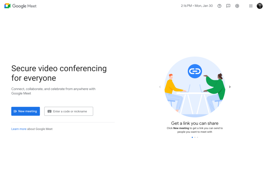 Screenshot della pagina web di Google Meet