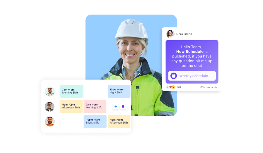 Donna sorridente con uno screenshot della funzione Scheduling di Connecteam