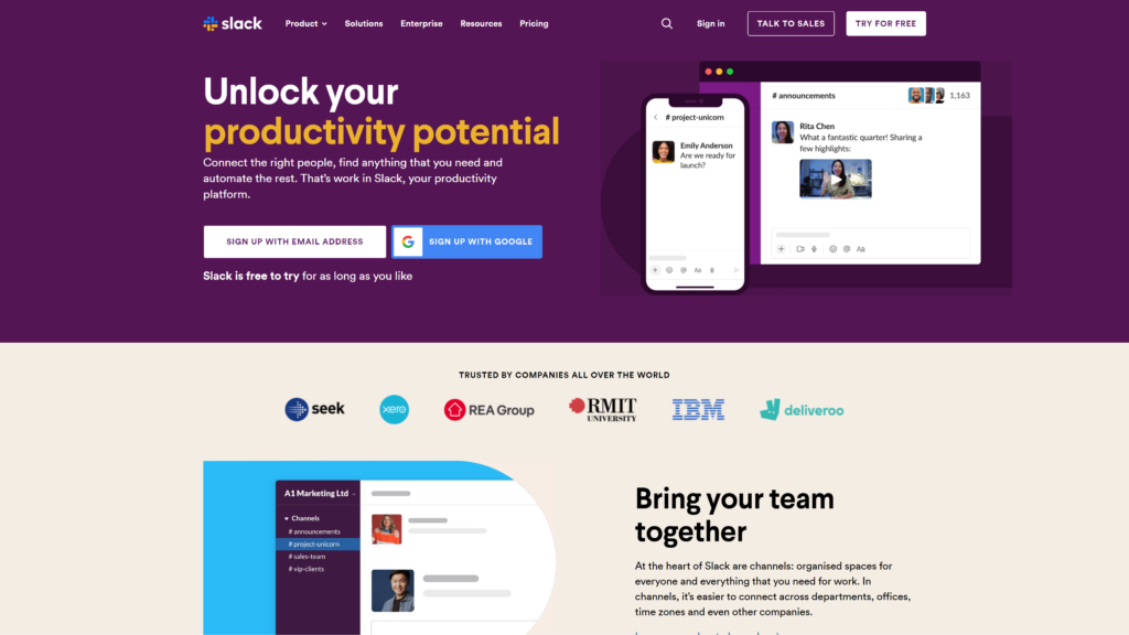 Schermata della home page di Slack