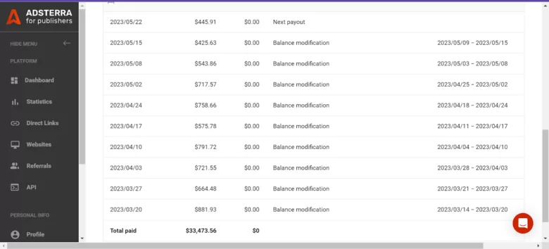 Une page d'historique de paiement