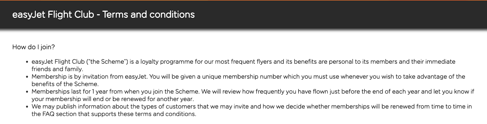 ภาพหน้าจอของข้อกำหนดและเงื่อนไขของ EasyJet Flight Club