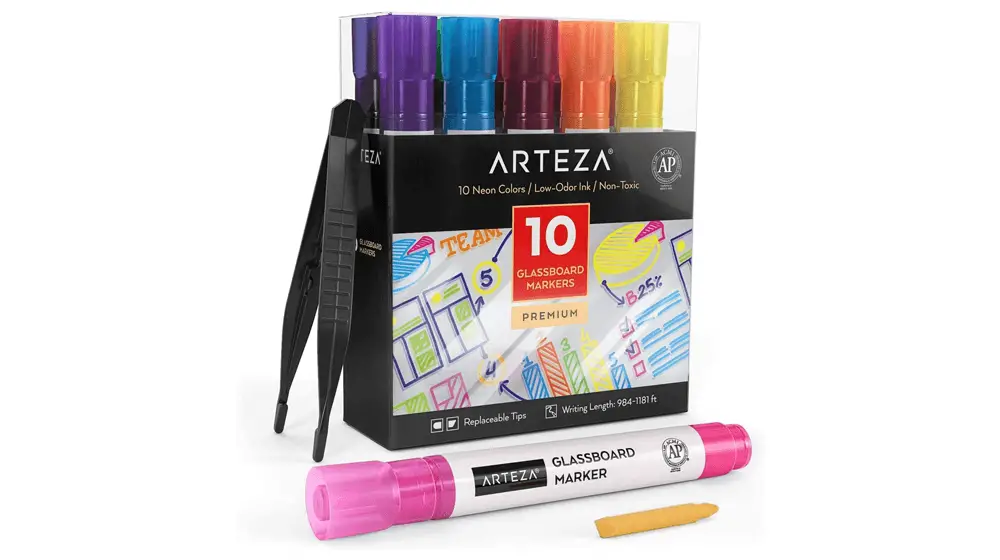 Arteza ปากกาลบกระดานแก้วแบบแห้งแพ็ค 10 สีนีออนสดใสพร้อมหมึกกลิ่นน้อย