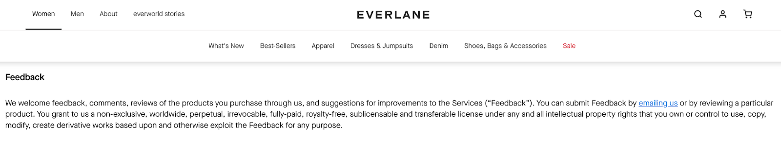 Everlane: yönlendirme hüküm ve koşulları geri bildirim seçeneği