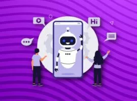 Dos personas se paran a ambos lados de un teléfono móvil gigante que muestra un chatbot, que ilustra chatGPT para empresas.