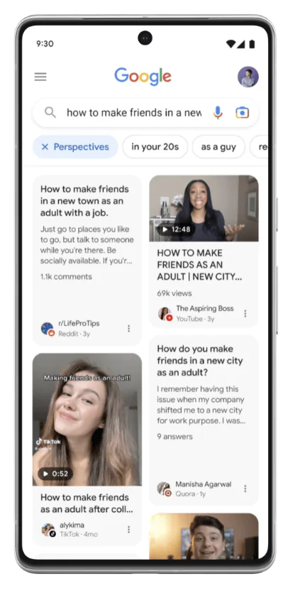 Ponsel menunjukkan contoh pencarian perspektif Google