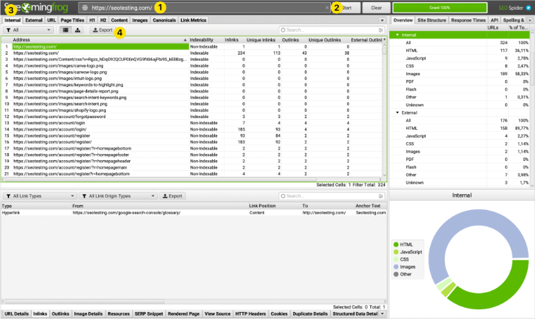 Pasos para exportar un informe de Screamingfrog.