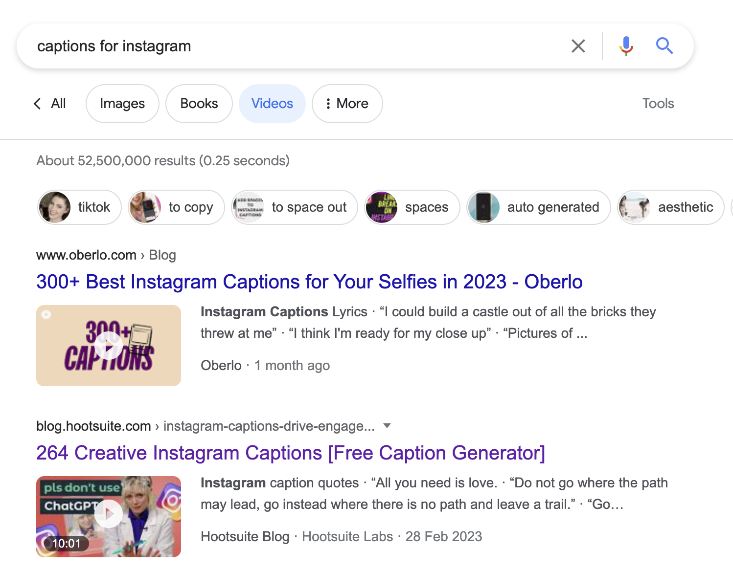 أعلى الصفحات على جوجل SERP للكلمة الرئيسية "التسميات التوضيحية على Instagram."