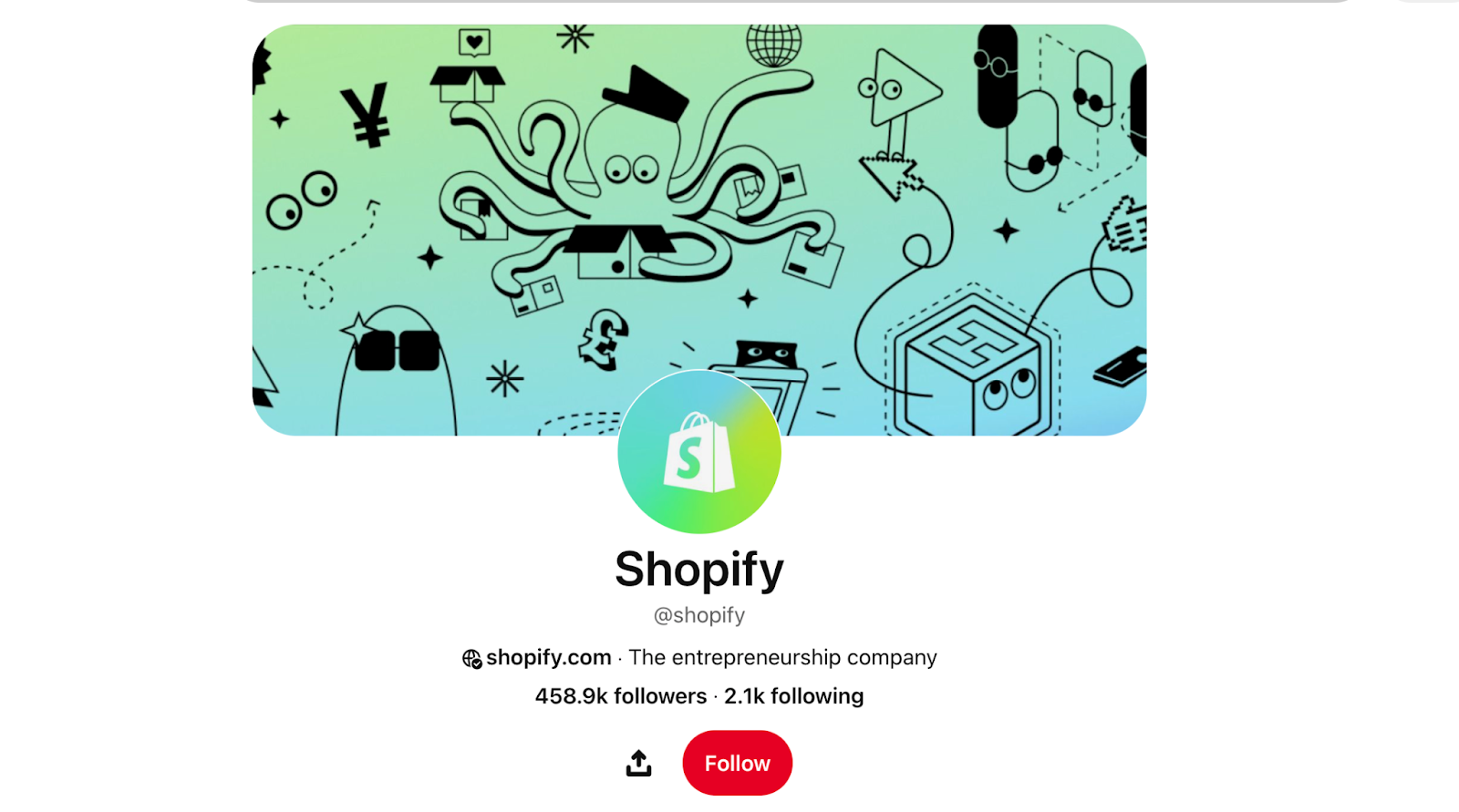 تحتوي صفحة Shopify's Pinterest على ما يقرب من 460.000 متابع