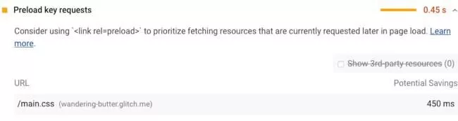 Warnung zu Schlüsselanforderungen vorab laden in der Google PageSpeed ​​Insights-Diagnose