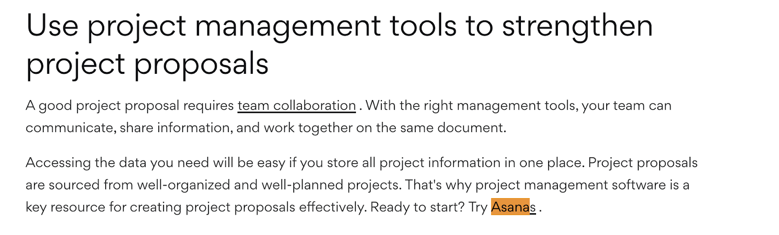 Asana は、Ahrefs とは異なり、結論で自社の製品についてさりげなく言及しています。