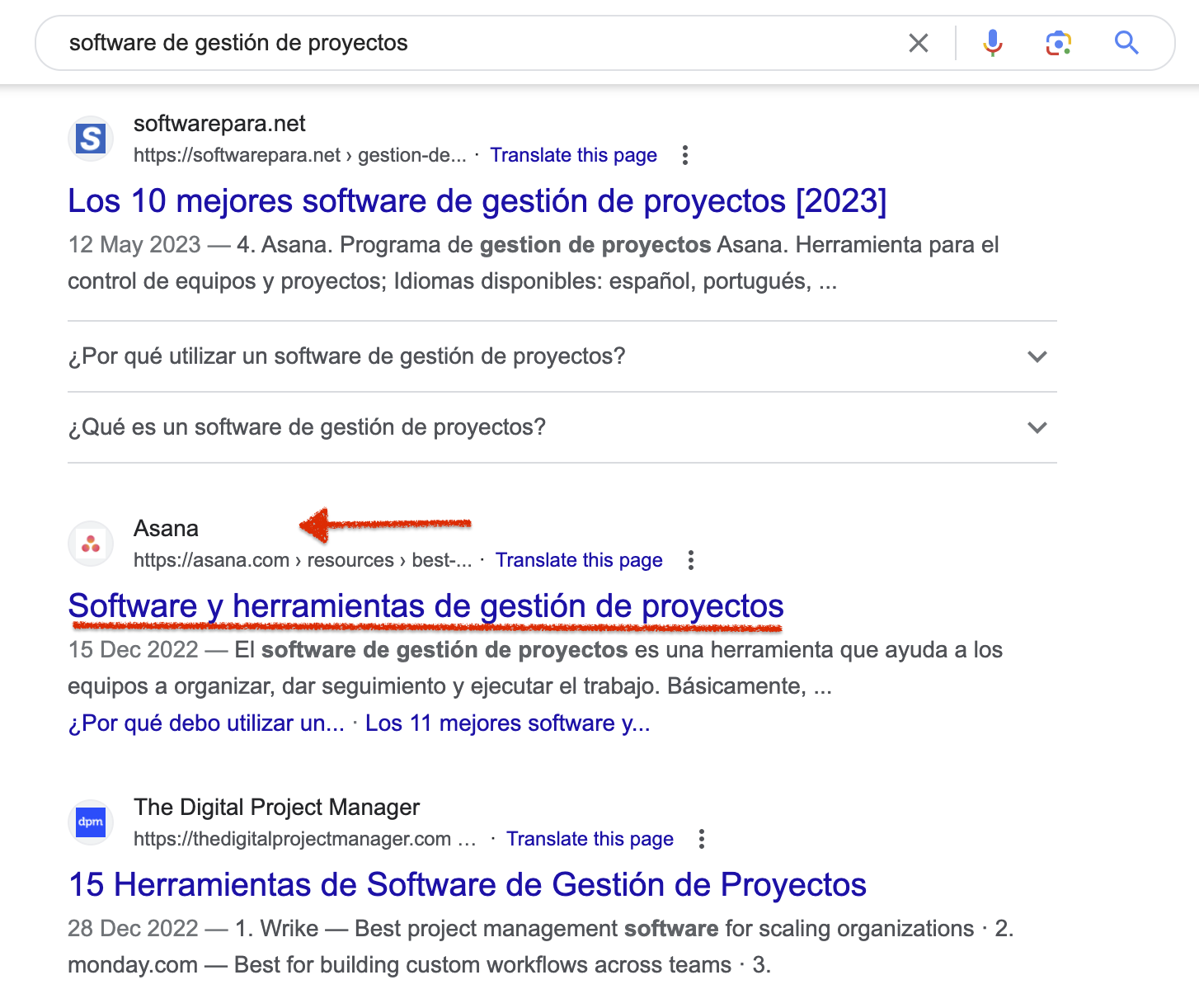 スペイン語でのプロジェクト管理ソフトウェアの Google 検索結果