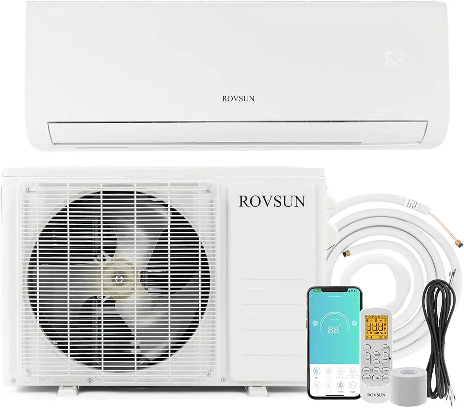 ROVSUN 9.000 BTU Wifi Diaktifkan Mini Split AC, Sistem Pemanas dengan Inverter