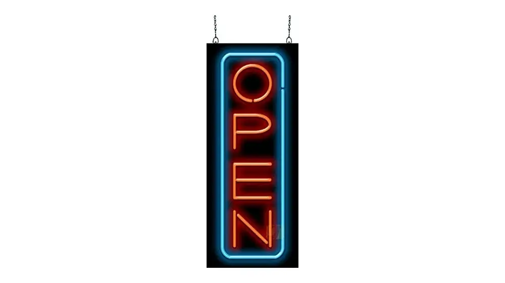 Vertikales Deluxe-Neon-Open-Schild mit Rand